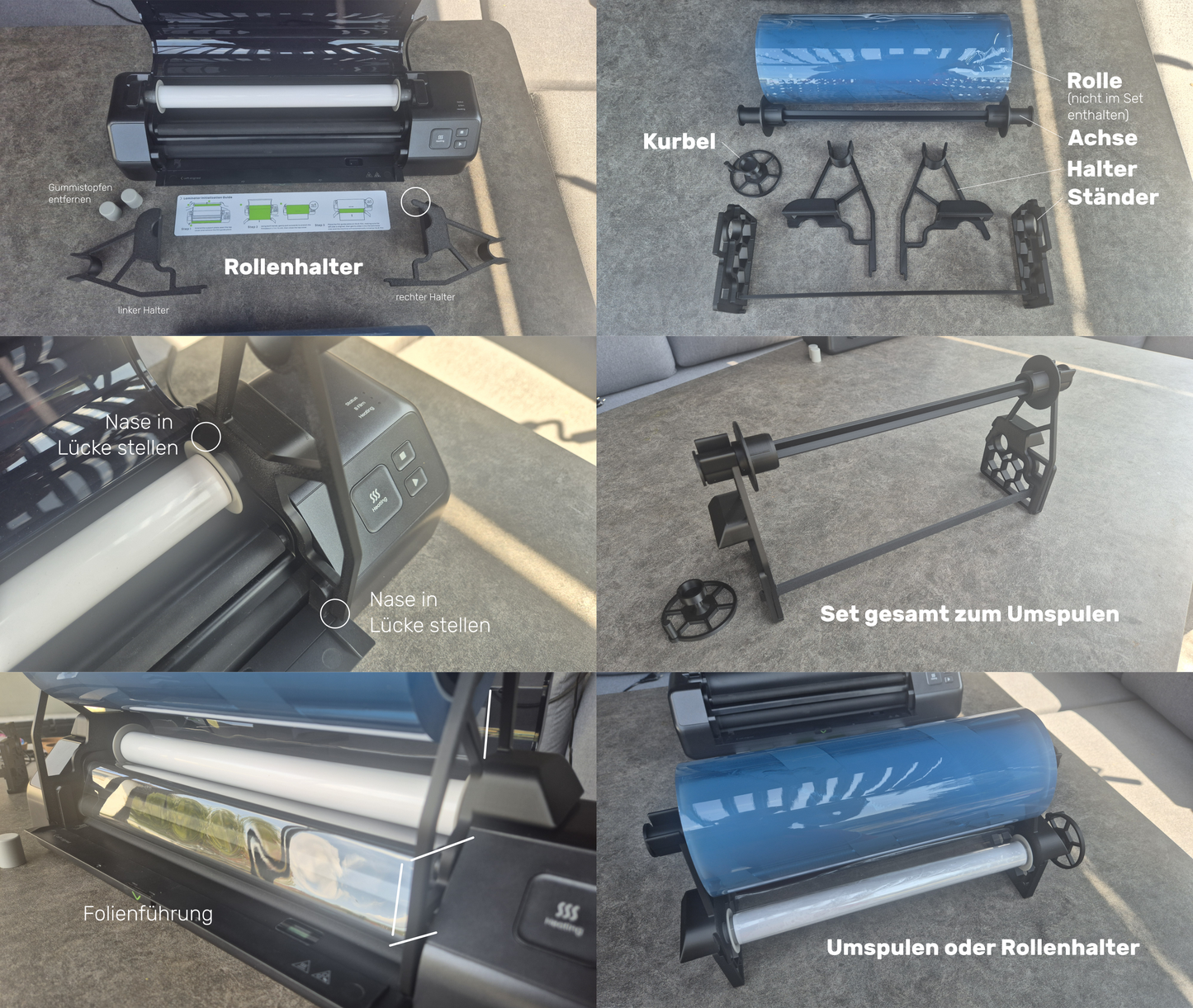 3-in-1 Rollensystem – Umspulen, Adapter, Halterung für Laminierfolien-Großrollen